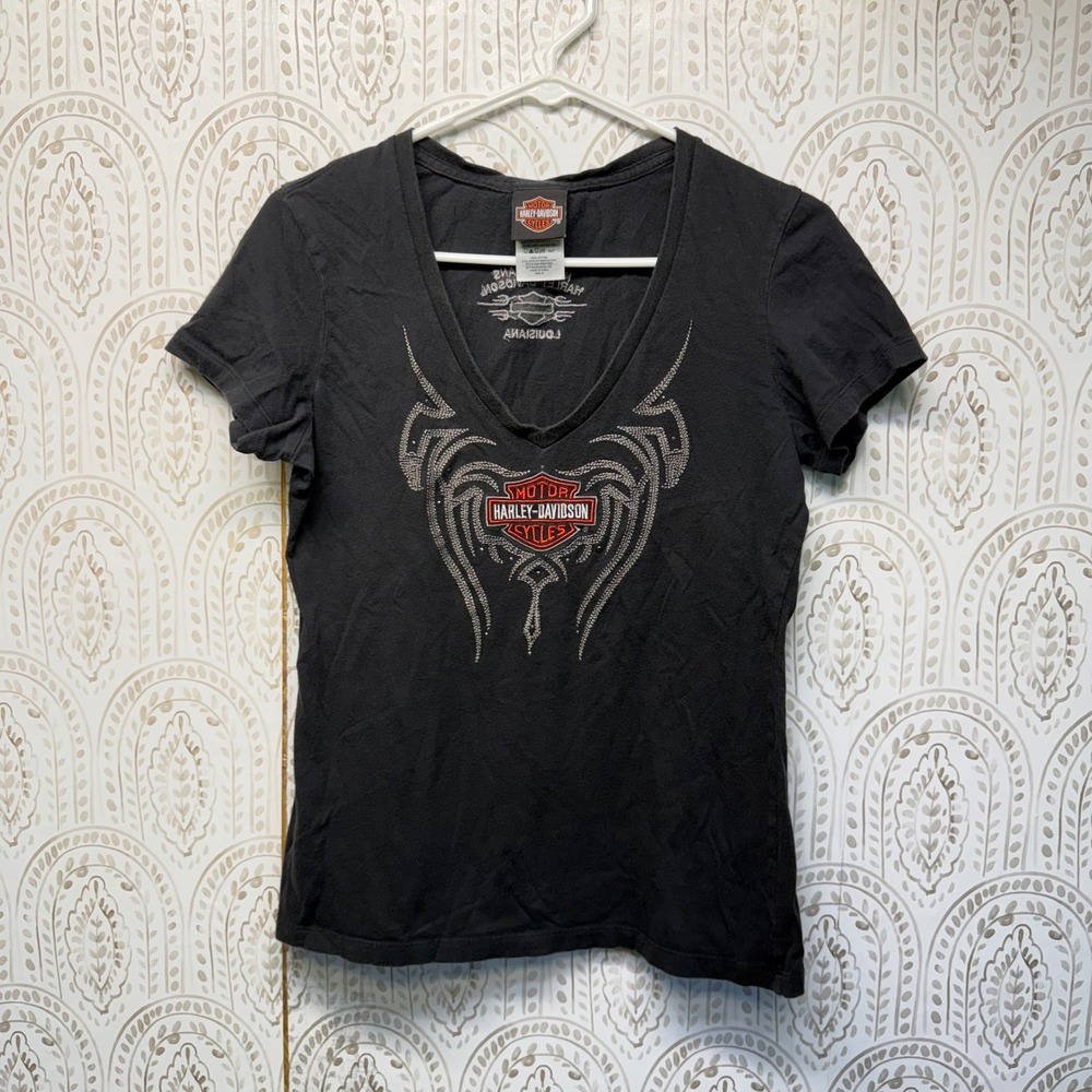 Harley‎ Davidson T-Shirt Womens Medium Black New Orleans V-Neck Graphic Tee